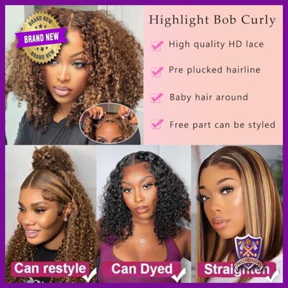 13x6 Lace Front Bob Wig, 14 Inch Curly Human Hair, Pre Plucked HD Lace main image 4